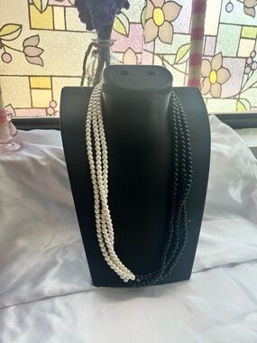 Classic Black and White Pearl Multi-Strand Necklace -